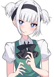 Rule 34 | 1girl, absurdres, alternate hairstyle, black bow, black bowtie, black hairband, blue eyes, blunt bangs, blush, bow, bowtie, closed mouth, collared shirt, fingernails, green skirt, green vest, hairband, highres, konpaku youmu, looking at viewer, puffy short sleeves, puffy sleeves, sharp fingernails, shirt, short hair, short sleeves, skirt, skirt set, smile, solo, touhou, tsukimirin, two side up, upper body, vest, white hair, white shirt