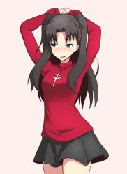 Rule 34 | 1girl, :d, arms up, bad id, bad pixiv id, black bow, black hair, black skirt, blue eyes, blush, bow, breasts, brown background, commentary request, cowboy shot, fate/stay night, fate (series), hair bow, highres, long hair, long sleeves, looking away, looking to the side, medium breasts, mitchi, nose blush, open mouth, parted bangs, pleated skirt, red shirt, shiny skin, shirt, simple background, skirt, smile, solo, tohsaka rin, two side up, very long hair