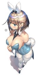Rule 34 | 1girl, absurdres, animal ears, bare shoulders, between breasts, black bow, black necktie, blue eyes, blue leotard, blush, bow, breasts, brown hair, cleavage, collarbone, covered navel, detached collar, fake animal ears, fake tail, full body, hair bow, highres, large breasts, leotard, looking away, looking to the side, necktie, necktie between breasts, original, pantyhose, playboy bunny, rabbit ears, rabbit tail, ranf, short hair, solo, standing, strapless, strapless leotard, sweatdrop, tail, thighband pantyhose, v-shaped eyebrows, white pantyhose