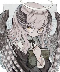 Rule 34 | 1girl, angel, black ribbon, black shirt, blunt bangs, book, hugging book, border, brown wings, closed mouth, distortion, feathered wings, floating hair, glasses, grey background, hair ornament, half-closed eyes, halo, head wings, high collar, highres, holding, holding book, hugging object, jewelry, jitome, light blush, long hair, long sleeves, looking at viewer, neck ribbon, original, outside border, pink hair, puffy long sleeves, puffy sleeves, raised eyebrows, ribbon, ring, round eyewear, shirt, sleeve cuffs, solo, soresaki, string, string around wrist, string of fate, upper body, wavy hair, white border, wings, x hair ornament, yellow eyes