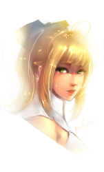 Rule 34 | 1girl, 2016, ahoge, artist name, artoria pendragon (fate), blonde hair, crying, dated, fate/unlimited codes, fate (series), green eyes, hair ribbon, hein27, lips, parted lips, portrait, ribbon, saber (fate), saber lily, signature, simple background, solo, tears, white background