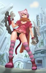 Rule 34 | &gt;:(, 1girl, animal ears, bad id, bad pixiv id, black panties, breasts, cat ears, cat tail, cleavage, covered erect nipples, from below, frown, full body, gloves, highres, lace, large breasts, no pants, panties, pink hair, sakai toshihiro, solo focus, standing, striped clothes, striped thighhighs, sun, tail, thighhighs, underwear, v-shaped eyebrows, yellow eyes