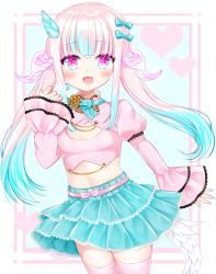 Rule 34 | 1girl, :d, blue bow, blue hair, blue nails, blue skirt, blush, bow, breasts, commentary request, commission, crop top, gradient hair, hair bow, hand up, heart, highres, juliet sleeves, layered skirt, long hair, long sleeves, looking at viewer, midriff, multicolored hair, nail polish, navel, open mouth, original, pink hair, pink shirt, pink thighhighs, pleated skirt, puffy sleeves, purple eyes, shikito (yawa0w0), shirt, skeb commission, skirt, sleeves past wrists, small breasts, smile, solo, thighhighs, twintails, very long hair, wide sleeves, wing hair ornament