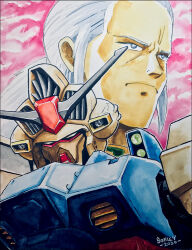 Rule 34 | 1990s (style), 1boy, anavel gato, blue hair, commentary, dated, english commentary, graphite (medium), gun, gundam, gundam 0083, gundam gp-02 physalis, ink (medium), jeff sorley, light blue hair, machine gun, male focus, mecha, mobile suit, muzzle, painting (medium), ponytail, portrait, retro artstyle, robot, scan, science fiction, signature, traditional media, upper body, watercolor (medium), weapon, zeon