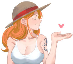 1girl bare_shoulders breasts cleavage closed_eyes closed_mouth collarbone commentary_request hair_behind_ear hand_up hat heart large_breasts long_hair looking_to_the_side nami_(one_piece) one_piece open_hand orange_hair pandar_op profile shoulder_tattoo simple_background smile solo straw_hat tank_top tattoo upper_body wavy_hair white_background white_tank_top