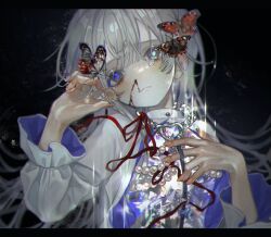 Rule 34 | 1girl, bleeding, blood, blood on face, blush, bug, butterfly, chain necklace, dress, expressionless, gem, grey eyes, hand on own chest, highres, insect, jewelry, long hair, looking at viewer, mismatched pupils, necklace, nosebleed, original, pearl (gemstone), red ribbon, ribbon, solo, tearing up, tears, tunena mi, upper body, white dress, white hair