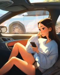 Rule 34 | 1girl, black hair, brown eyes, car, closed mouth, hand up, highres, holding, holding phone, indoors, legs, lips, long hair, long sleeves, motor vehicle, phone, sam yang, shorts, solo, thighs