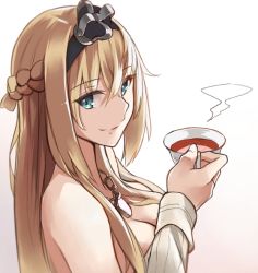Rule 34 | 1girl, bare shoulders, blonde hair, blue eyes, braid, breasts, cleavage, crown, cup, den (kur0 yuki), dress, french braid, from side, hair between eyes, hairband, holding, holding cup, jewelry, kantai collection, long hair, long sleeves, looking at viewer, medium breasts, mini crown, necklace, off-shoulder dress, off shoulder, sidelocks, smile, solo, steam, tea, teacup, upper body, warspite (kancolle)