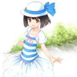 Rule 34 | 1girl, brown eyes, brown hair, camisole, dress, hat, kurasuke, original, outstretched arms, short hair, smile, solo, spread arms, striped, sun hat