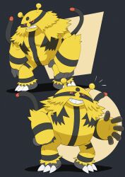 Rule 34 | creatures (company), electivire, electricity, game freak, gen 4 pokemon, grin, highres, looking at viewer, multiple views, muscular, nintendo, no humans, pokemon, pokemon (creature), red eyes, smile, spray poka, standing, teeth, yellow fur