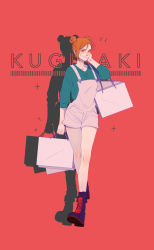Rule 34 | 1girl, absurdres, bag, blue shirt, boots, brown eyes, brown hair, character name, closed mouth, dianchi qiu, double bun, full body, hair bun, hand on own cheek, hand on own face, highres, holding, holding bag, jujutsu kaisen, kugisaki nobara, looking at viewer, overalls, pink overalls, purple footwear, red background, shirt, short hair, silhouette, simple background, smile, solo, standing, walking
