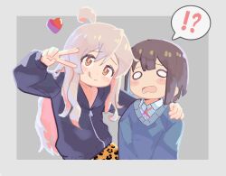 Rule 34 | !?, 2girls, :o, :q, ahoge, animal print, black jacket, blank eyes, blue hair, blue sweater, blunt bangs, blunt ends, blush stickers, brown eyes, brown hair, colored inner hair, commentary, english commentary, grey background, grey hair, gustavo schuler, hair between eyes, hand on another&#039;s shoulder, heart, highres, hozuki momiji, jacket, leopard print, long hair, long sleeves, looking at viewer, multicolored hair, multiple girls, o o, official alternate costume, onii-chan wa oshimai!, oyama mahiro, print skirt, short hair, simple background, skirt, smile, spoken interrobang, sweater, tongue, tongue out, two-tone hair, v, wavy mouth, wing collar