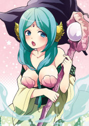 Rule 34 | 1girl, aqua hair, bare shoulders, between breasts, blue eyes, blush, breasts, chestnut mouth, front ponytail, hat, long hair, magi the labyrinth of magic, open mouth, shell, shell bikini, solo, staff, suika soda, water, witch hat, yamuraiha