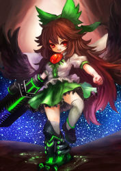 Rule 34 | 1girl, alternate weapon, arm cannon, asymmetrical footwear, bird wings, black hair, blouse, bow, cape, clenched hand, gobou (gbu), gradient hair, hair bow, long hair, looking at viewer, mismatched footwear, multicolored hair, open mouth, over-kneehighs, puffy short sleeves, puffy sleeves, red eyes, reiuji utsuho, shirt, short sleeves, skirt, solo, star (symbol), star print, thighhighs, third eye, touhou, very long hair, weapon, wings