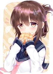 Rule 34 | 1girl, anchor symbol, blue sailor collar, blush, bread, brown eyes, brown hair, commentary request, eating, folded ponytail, food, food in mouth, food on face, hair between eyes, hair ornament, hairclip, hands up, holding, holding food, inazuma (kancolle), kantai collection, long sleeves, looking at viewer, melon bread, neckerchief, niruanu (nitayam), notice lines, pink neckerchief, sailor collar, school uniform, serafuku, shirt, sleeves past wrists, solo, white shirt