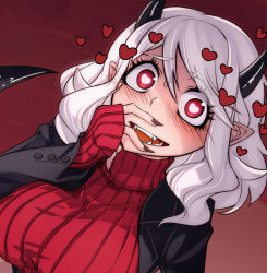 Rule 34 | 1girl, blush, breasts, cluseller, demon girl, demon horns, demon tail, fangs, fingernails, heart, heart-shaped pupils, helltaker, horns, large breasts, long hair, long sleeves, looking at viewer, modeus (helltaker), nail polish, pointy ears, red eyes, ribbed sweater, sharp fingernails, sleeves past wrists, solo, sweater, symbol-shaped pupils, tail, teeth, upper body, wavy hair, white hair