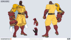 Rule 34 | 1boy, 2023, abs, absurdres, bald, belt, character name, clenched hands, commentary, conch, copyright name, cosplay, dark-skinned male, dark skin, doomfist (overwatch), english commentary, formal, full body, gauntlets, gloves, highres, logo, male focus, muscular, official art, one-punch man, overwatch, overwatch 2, red gloves, saitama (one-punch man), saitama (one-punch man) (cosplay), simple background, solo, standing, suit, white background, yellow suit