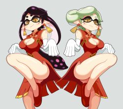 Rule 34 | + +, 2girls, bad id, bad pixiv id, black hair, brown eyes, callie (splatoon), china dress, chinese clothes, cleavage cutout, clothing cutout, dress, earrings, elbow gloves, gloves, green hair, grey background, inkling, jewelry, leg up, long hair, looking at viewer, marie (splatoon), mask, mole, mole under eye, multiple girls, nintendo, no panties, pointy ears, red dress, shoes, short hair, splatoon (series), splatoon 1, tentacle hair, white gloves, yuta agc