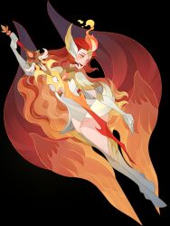 Rule 34 | 1girl, absurdres, afk arena, bare legs, blush, breasts, commentary, dress, elbow gloves, english commentary, feather sleeves, fire, flying, full body, gloves, gold trim, headwear request, henukim, highres, incredibly absurdres, knee up, looking down, multicolored hair, orange hair, red hair, red lips, solo, swaying, talene (afk arena), turtleneck, two-tone hair, white background, white dress, white footwear, white gloves, yellow eyes