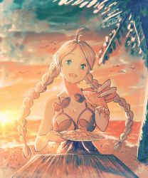 Rule 34 | 1girl, absurdres, ahoge, aidenr0, alternate costume, bare shoulders, beach, blue eyes, braid, breasts, fire emblem, fire emblem fates, highres, incoming food, large breasts, looking at viewer, nachos, nina (fire emblem), nintendo, non-web source, open mouth, outdoors, palm tree, pov, sunset, swimsuit, teeth, tree, twin braids, upper body, upper teeth only, white hair