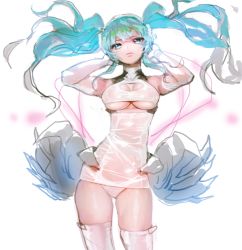 Rule 34 | 1girl, blue eyes, blue hair, breasts, closed mouth, commentary request, cosplay, cowboy shot, elbow gloves, gloves, hands up, hatsune miku, headphones, highres, korean commentary, large breasts, leotard, looking at viewer, racing miku, solo, standing, thighhighs, twintails, underboob, vocaloid, white gloves, white leotard, yd (orange maru)