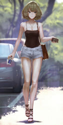 Rule 34 | 1girl, bag, bare arms, bare legs, bare shoulders, black footwear, blue eyes, blurry, blurry background, breasts, cameltoe, car, casual, cellphone, cleavage, closed mouth, collarbone, cross, cross necklace, day, depth of field, full body, heterochromia, highres, holding, holding phone, idolmaster, idolmaster cinderella girls, jar, jewelry, kaoming, leotard, lingerie, looking at viewer, medium breasts, mole, mole under eye, motor vehicle, necklace, outdoors, pendant, phone, sandals, short shorts, shorts, shoulder bag, smartphone, smile, solo, spaghetti strap, standing, takagaki kaede, teddy (lingerie), tree, tsurime, underwear, walking