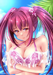 Rule 34 | 1girl, arms under breasts, bikini, blue sky, blush, breasts, cleavage, crossed arms, fate/grand order, fate (series), frilled bikini, frills, frown, highres, hikaru 310, large breasts, lips, ocean, outdoors, palm tree, purple bikini, red eyes, scathach (fate), scathach skadi (fate), scathach skadi (swimsuit ruler) (fate), scathach skadi (swimsuit ruler) (first ascension) (fate), see-through, sky, solo, swimsuit, tree, twintails