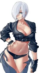 Rule 34 | 1girl, absurdres, angel (kof), backless pants, blue eyes, bra, breasts, chaps, cleavage, commentary, crop top, cropped jacket, fingerless gloves, gloves, hair over one eye, highres, jacket, kimuwaipu, large breasts, leather, leather jacket, looking at viewer, midriff, navel, panties, pants, short hair, smile, snk, solo, strapless, strapless bra, the king of fighters, the king of fighters xiv, toned, underwear, white hair