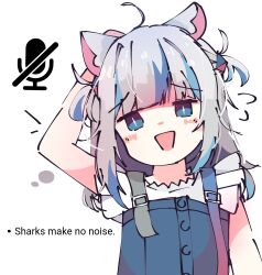 Rule 34 | 1girl, ahoge, animal ears, blue eyes, blue hair, blunt bangs, blush, bright pupils, buttons, cat ears, chestnut mouth, commentary, english commentary, english text, flying sweatdrops, frilled sleeves, frills, gawr gura, gawr gura (casual), grey hair, hair ornament, hand up, highres, hololive, hololive english, kemonomimi mode, koyoinacho, looking at viewer, medium hair, multicolored hair, official alternate costume, open mouth, shark girl, shirt, short sleeves, sidelocks, simple background, solo, streaked hair, suspenders, two side up, upper body, virtual youtuber, white background, white pupils, white shirt