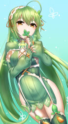Rule 34 | 1girl, ahoge, blue background, breasts, brown eyes, bug, butterfly, covered navel, fingerless gloves, flower knight girl, garter straps, gloves, green hair, green nails, green thighhighs, insect, long hair, long sleeves, looking at viewer, mint (flower knight girl), monoton (neoteto), ribbon-trimmed headband, simple background, small breasts, solo, thighhighs, very long hair