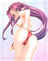 Rule 34 | 1girl, angela (seiken densetsu 3), bent over, blush, breasts, cameltoe, elf, green eyes, large breasts, long hair, nipples, panties, panties only, pointy ears, purple hair, red panties, seiken densetsu, seiken densetsu 3, solo, thigh gap, topless, underwear, underwear only, undressing