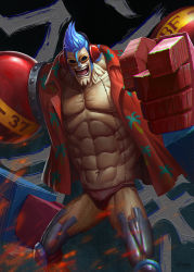 Rule 34 | 1boy, abs, blue hair, c home, cyborg, embers, feet out of frame, franky (one piece), grin, hawaiian shirt, highres, large hands, leg hair, looking at viewer, male focus, male swimwear, metal, navel, nipples, one piece, open clothes, open shirt, pectoral cleavage, pectorals, pointing, pointing at viewer, red male swimwear, shirt, short hair, smile, solo, spiked hair, stomach, swim briefs