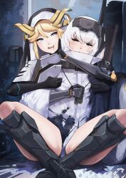 Rule 34 | 2girls, absurdres, arm guards, armor, armored boots, black dress, blonde hair, blue eyes, bodysuit, boots, braid, breasts, cloak, clothing cutout, dress, full body, gloomyowl, goddess of victory: nikke, grabbing, grabbing from behind, hat, highres, long hair, multiple girls, nun, open mouth, pushing away, pushing face, rapunzel (nikke), shoulder armor, small breasts, snow white (nikke), thighs, very long hair, visor (armor), visor lift, white bodysuit, white cloak, white hair, wrist guards, yellow eyes, yuri
