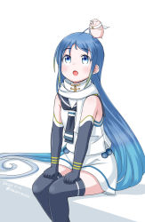 Rule 34 | 1girl, 1other, ahoge, black gloves, black neckerchief, black sailor collar, black thighhighs, blue eyes, blue hair, commentary request, cowboy shot, creature on head, elbow gloves, gloves, gradient hair, kantai collection, long hair, looking up, masara (chuujou), multicolored hair, neckerchief, one-hour drawing challenge, sailor collar, samidare (kancolle), scarf, school uniform, serafuku, shirt, simple background, sitting, sleeveless, sleeveless shirt, swept bangs, the yuudachi-like creature, thighhighs, very long hair, white background, white scarf