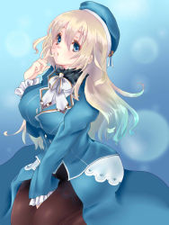 Rule 34 | 1girl, :o, ascot, atago (kancolle), beret, between legs, black gloves, black pantyhose, black skirt, blonde hair, blue background, blue coat, blue hat, breasts, coat, finger to mouth, frills, furrowed brow, gloves, gradient background, green eyes, hair between eyes, hat, highres, kantai collection, large breasts, light particles, long hair, long sleeves, looking at viewer, military, military uniform, pantyhose, skirt, solo, uniform, yukiice