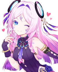 1girl bare_shoulders black_leotard blue_eyes blunt_tresses braid citlali_(genshin_impact) facial_mark feathers floating_hair_ornament forehead_mark genshin_impact hair_intakes highres leotard long_hair looking_at_viewer mospaints one_eye_closed pink_hair pink_pupils purple_feathers ring_hair_ornament sleeveless_leotard sleeveless_turtleneck_leotard solo triangle triangle_facial_mark twin_braids