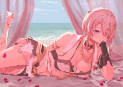 Rule 34 | 1girl, absurdres, bare shoulders, beach, bed, bikini, bikini top only, black collar, black shorts, black sleeves, blue sky, breasts, cleavage, collar, commentary request, eyes visible through hair, feet up, hair over one eye, head rest, highres, honkai (series), honkai impact 3rd, large breasts, looking at viewer, lying, medium hair, mole, mole under eye, navel piercing, official alternate costume, on bed, on side, piercing, purple eyes, red petals, rita rossweisse, rita rossweisse (eternal dance) (honkai impact), rita rossweisse (spina astera), roena, shorts, sky, smile, solo, swimsuit, white bikini, white hair