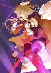 Rule 34 | 00s, blonde hair, boots, closed eyes, earrings, hat, jewelry, long hair, macross, macross frontier, macross frontier: itsuwari no utahime, microphone, mihara (081mhrs), music, sheryl nome, singing, single earring, solo, thigh boots, thighhighs