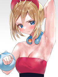Rule 34 | 1girl, arm behind head, arm up, armpits, backlighting, bangle, bare shoulders, blonde hair, blue eyes, blush, bracelet, breasts, cleavage, creatures (company), dress, frown, game freak, hair between eyes, hair ornament, hairclip, highres, irida (pokemon), jewelry, kamenekko 5275, neck ring, necklace, nintendo, pokemon, pokemon legends: arceus, presenting armpit, simple background, small breasts, strapless, strapless dress, sweat, white background