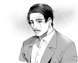 Rule 34 | 1boy, collared shirt, commentary request, expressionless, facial hair, formal, foxvulpine, golden kamuy, greyscale, looking down, male focus, monochrome, mustache, scar on face, scar on forehead, shirt, simple background, solo, suit, upper body, white shirt, wilk (golden kamuy)