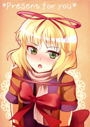 Rule 34 | 1girl, :o, blonde hair, blush, brown shirt, english text, female focus, greave (asterism), green eyes, hair ribbon, mizuhashi parsee, open mouth, pink scarf, pointy ears, ribbon, scarf, shirt, solo, touhou, upper body