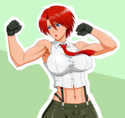 Rule 34 | 1girl, abs, bare shoulders, black gloves, blue eyes, breasts, clenched hands, crop top, fighting stance, gloves, highleg, highleg panties, large breasts, lips, makani kohitujito, midriff, muscular, navel, necktie, panties, parted lips, red hair, short hair, sleeveless, snk, solo, suspenders, the king of fighters, underwear, vanessa (kof)