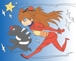 Rule 34 | 1girl, 1other, artist request, bardiel (evangelion), blue eyes, bodysuit, breasts, brown hair, eva 03, evangelion: 2.0 you can (not) advance, full body, hair ornament, interface headset, long hair, neon genesis evangelion, plugsuit, rebuild of evangelion, red bodysuit, running, small breasts, souryuu asuka langley, test plugsuit, very long hair, wide hips