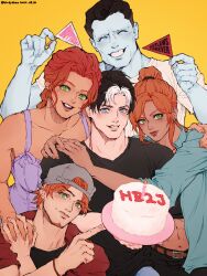 Rule 34 | absurdres, artemis of bana-mighdall, backwards hat, batman (series), birdyzhao re, birthday cake, bizarro (superman), black hair, blue eyes, cake, colored skin, couple, dc comics, food, green eyes, hat, highres, holding, jason todd, long hair, multicolored hair, multiple boys, muscular, muscular male, open mouth, red hair, roy harper, shirt, short hair, simple background, smile, starfire, superman (series), teeth, two-tone hair, white hair