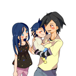 Rule 34 | 1boy, 1girl, aged up, alternate costume, alternate hairstyle, baby, bad id, bad pixiv id, black hair, blue eyes, blue hair, blush, closed eyes, creatures (company), denim, earrings, ethan (pokemon), game freak, holding, if they mated, jeans, jewelry, kris (pokemon), nintendo, pants, pokemon, pokemon adventures, pokke-pokke-pinoko, simple background, smile, star (symbol), star earrings, striped, yellow eyes