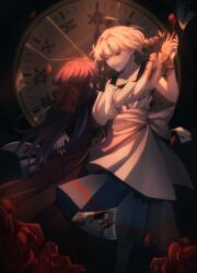 Rule 34 | 2girls, apron, blonde hair, blood, blood on clothes, blood on face, blood on hands, blue skirt, bow, braid, clock, closed mouth, commentary, crack, cracked glass, dancing, dress, ellen (majo no ie), feet out of frame, flower, hair bow, hair intakes, highres, holding hands, juliet sleeves, koetari, long hair, long sleeves, looking at another, majo no ie, multiple girls, paper, puffy sleeves, purple hair, red bow, red dress, red flower, red rose, roman numeral, rose, skirt, smile, twin braids, viola (majo no ie), waist apron, white apron