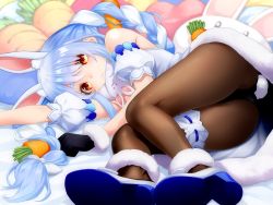 Rule 34 | 1girl, :&lt;, animal ear fluff, animal ears, ass, black gloves, black pantyhose, blue hair, braid, carrot hair ornament, carrot-shaped pillow, closed eyes, commentary, detached sleeves, fenlil0316, food-themed hair ornament, fur-trimmed gloves, fur trim, gloves, hair ornament, highres, hololive, leotard, long hair, looking at viewer, lying, multicolored hair, on side, pantyhose, playboy bunny, puffy detached sleeves, puffy short sleeves, puffy sleeves, rabbit ears, rabbit girl, rabbit-shaped pillow, rabbit tail, short sleeves, solo, thigh strap, twin braids, two-tone hair, usada pekora, usada pekora (1st costume), virtual youtuber, white hair, yellow eyes