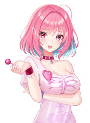 Rule 34 | 1girl, ahoge, blue hair, blush, breasts, candy, cleavage, collar, collarbone, fang, food, hair intakes, heart on chest, highres, holding, holding candy, holding food, holding lollipop, idolmaster, idolmaster cinderella girls, large breasts, lollipop, multicolored hair, off-shoulder shirt, off shoulder, open mouth, pink eyes, pink hair, senkou noah, shirt, short hair, simple background, solo, t-shirt, two-tone hair, white background, white shirt, yumemi riamu