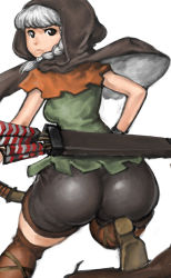Rule 34 | 1girl, 66head, arrow (projectile), ass, black eyes, boots, bow (weapon), braid, breasts, cloak, dragon&#039;s crown, elf (dragon&#039;s crown), female focus, from behind, hood, hooded cloak, looking at viewer, looking back, shorts, sideboob, silver hair, solo, vanillaware, weapon