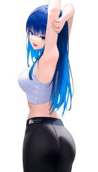 Rule 34 | 1girl, absurdres, armpits, arms behind head, ass, blue archive, blue eyes, blue hair, breasts, highres, huge ass, large breasts, legs, long hair, midriff, pants, saori (blue archive), seductive smile, sideboob, smile, spandex, sports bra, tank top, thighs